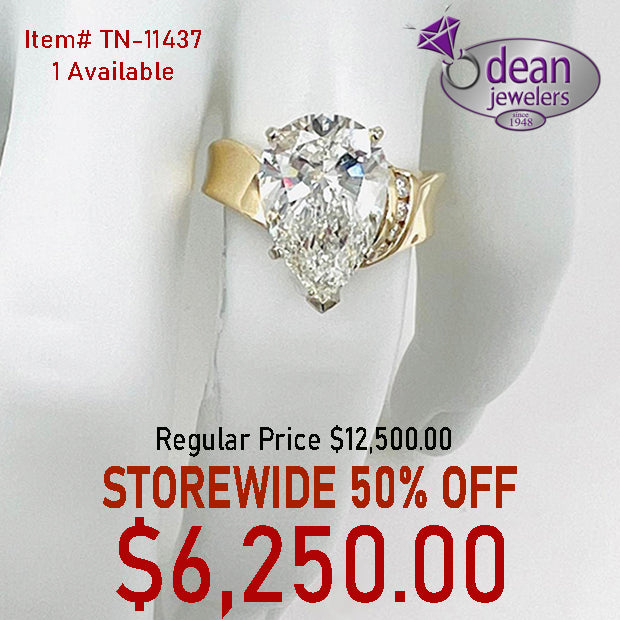 14k Solid Yellow Gold Lab Created 5 Carat Pear Shaped Diamond Custom Ring TN-11437