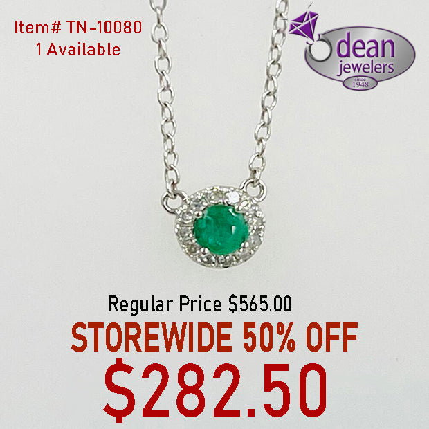 10k Solid White Gold 1 Emerald .25tw/ 12 Diamond 18" Chain Necklace TN-10080