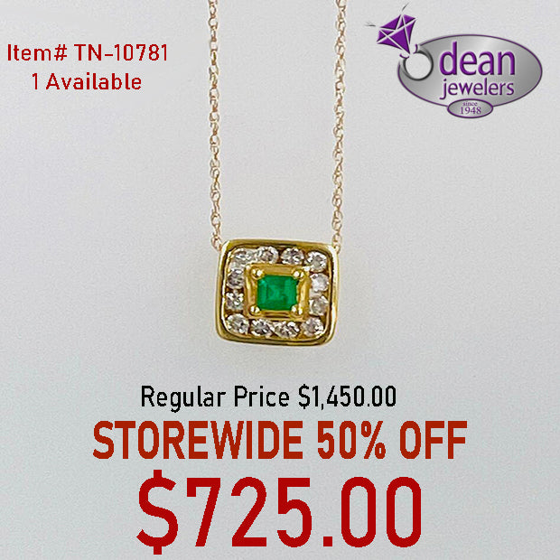 18k Solid Yellow Gold 1 Emerald /12 Diamond/ 18" Chain Necklace TN-10781