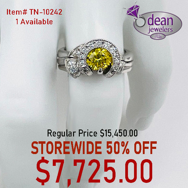 14K Solid White Gold 1 ct. Vibrant Yellow Diamond Ring Horse Hoof Design  Hand Engraved TN-10242