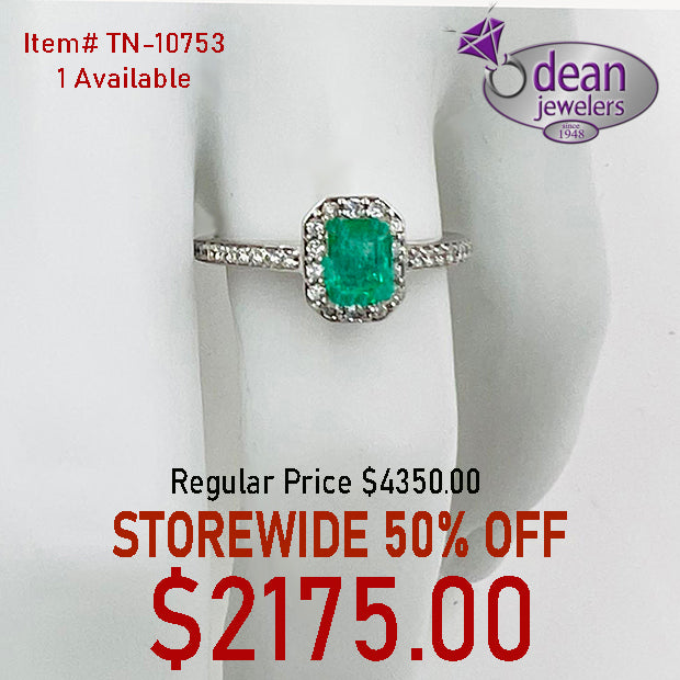 14k Solid White Gold Emerald and Diamond Ring TN-10753