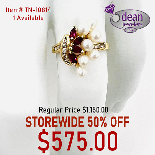 14k Solid Yellow Gold Pearl and Ruby Ring TN-10814