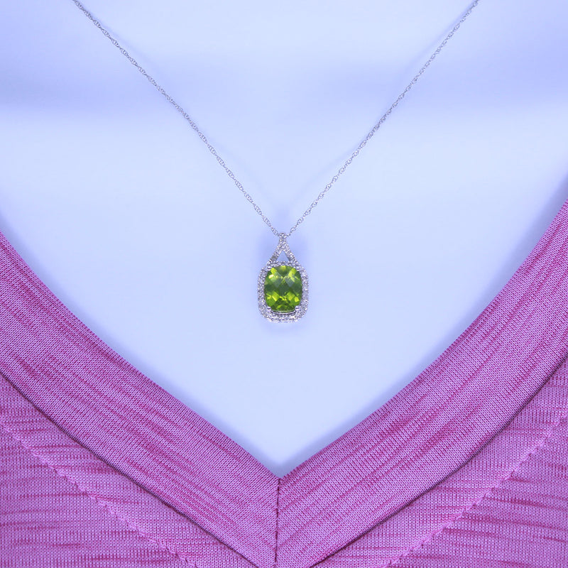 Solid 14K White Gold Fancy Peridot and Diamond Necklace  TN10090