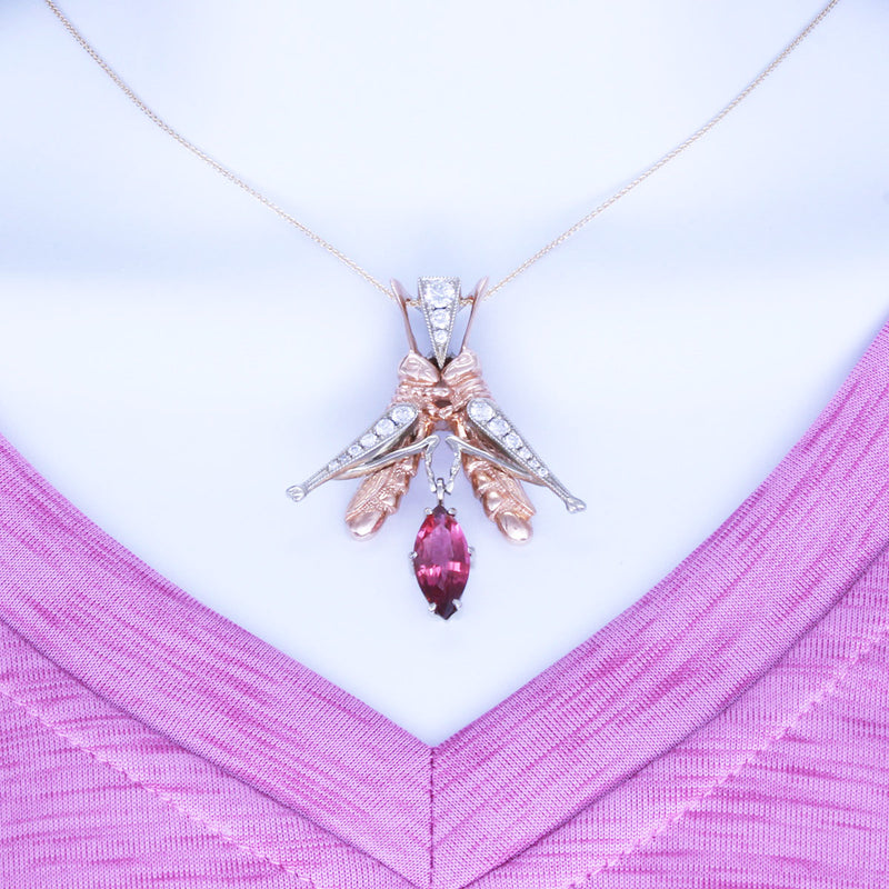 Solid 14K White/Rose Gold Fancy Tourmaline and Diamond “Grasshopper Duet” Necklace by David Iver TN10219