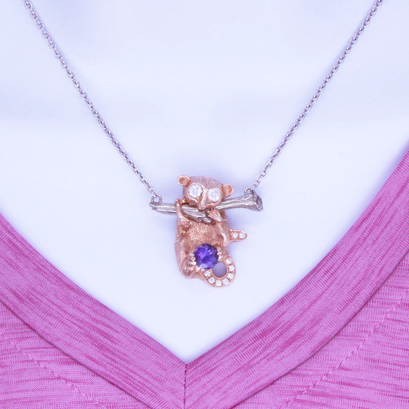 Solid 14K White/Yellow/Rose Gold Tanzanite and Diamond Lemur Necklace by David Iver TN10227
