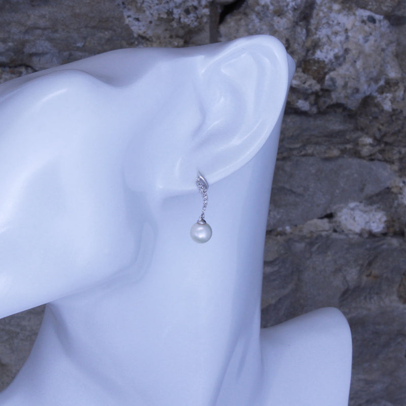 Solid 10K White Gold Fancy Diamond and Pearl Earrings TN10676