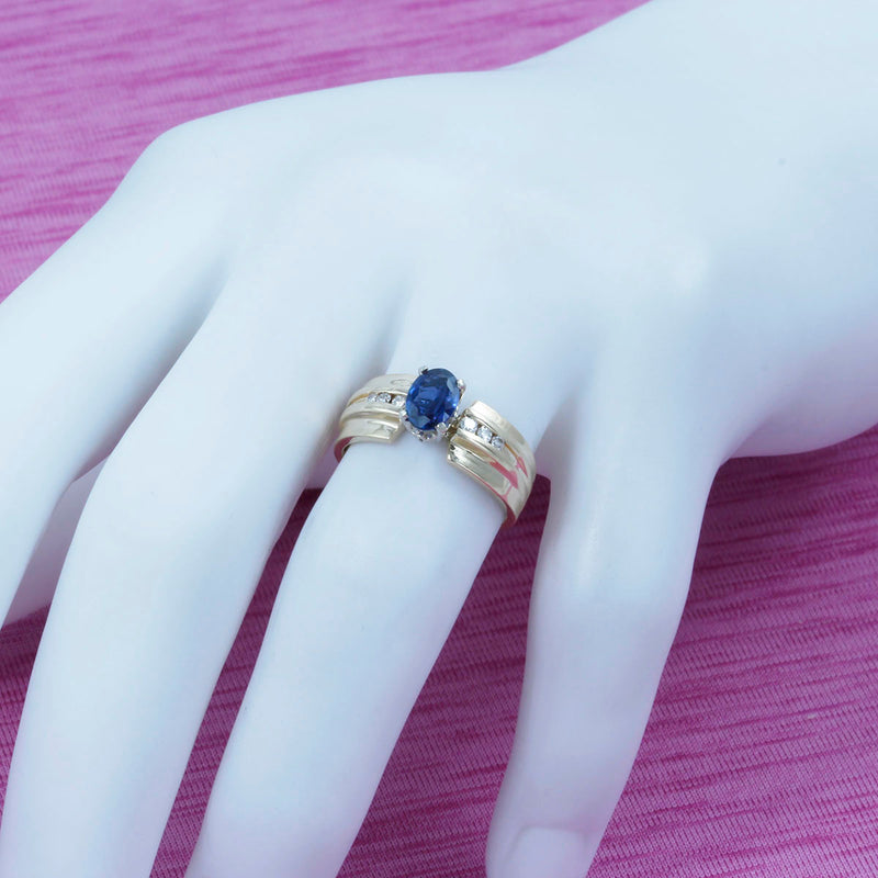 Solid 14K Yellow Gold Fancy Blue Sapphire and Diamond Ring TN10746