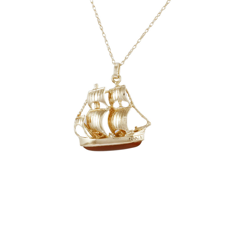 Solid 9K Yellow Gold and Carnelian Fancy Ship Necklace TN10795