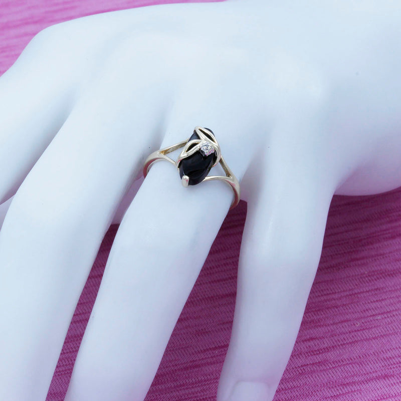 Solid 10K Yellow Gold Black Onyx and Diamond Fancy Ring TN10801
