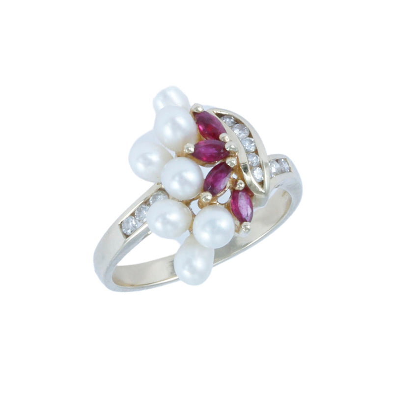 Solid 14K Yellow Gold Fancy Pearl, Ruby, and Diamond Ring TN10814