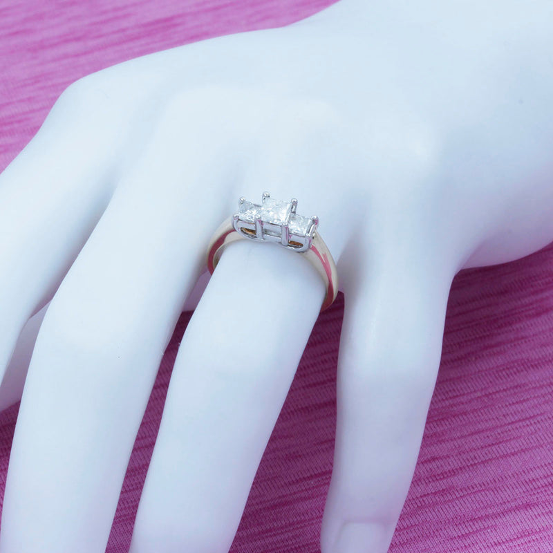 Solid 14K Yellow Gold & Platinum 3-Stone Princess Cut Diamond Engagement Ring TN10819