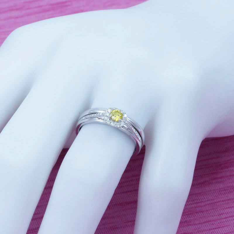 Solid 10K White Gold Fancy Yellow Diamond Engagement and Wedding Ring Set TN10852