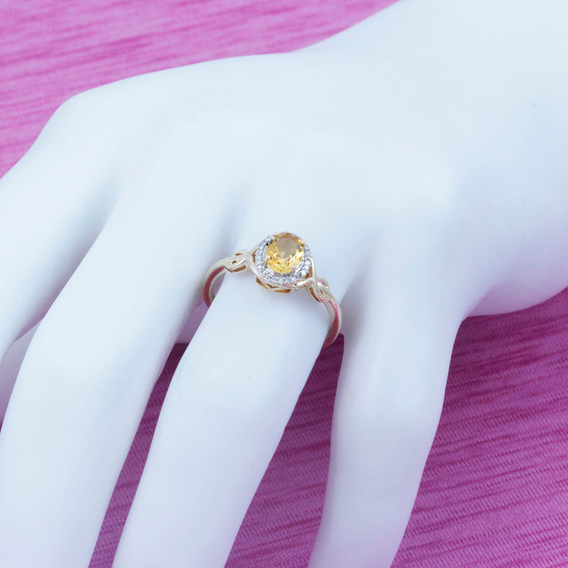 Solid 10K Yellow Gold Genuine Citrine & Natural Diamond Ring Halo Style TN10873