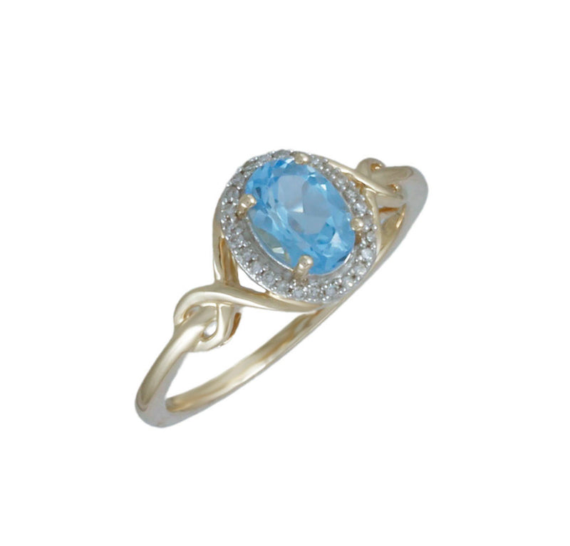 Solid 10K Yellow Gold Blue Topaz & Natural Diamond Ring Halo Design TN10877
