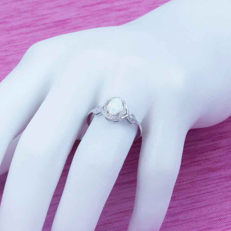 Solid 10K White Gold Fancy Opal & Genuine Diamond Ring Halo Style Top TN10881