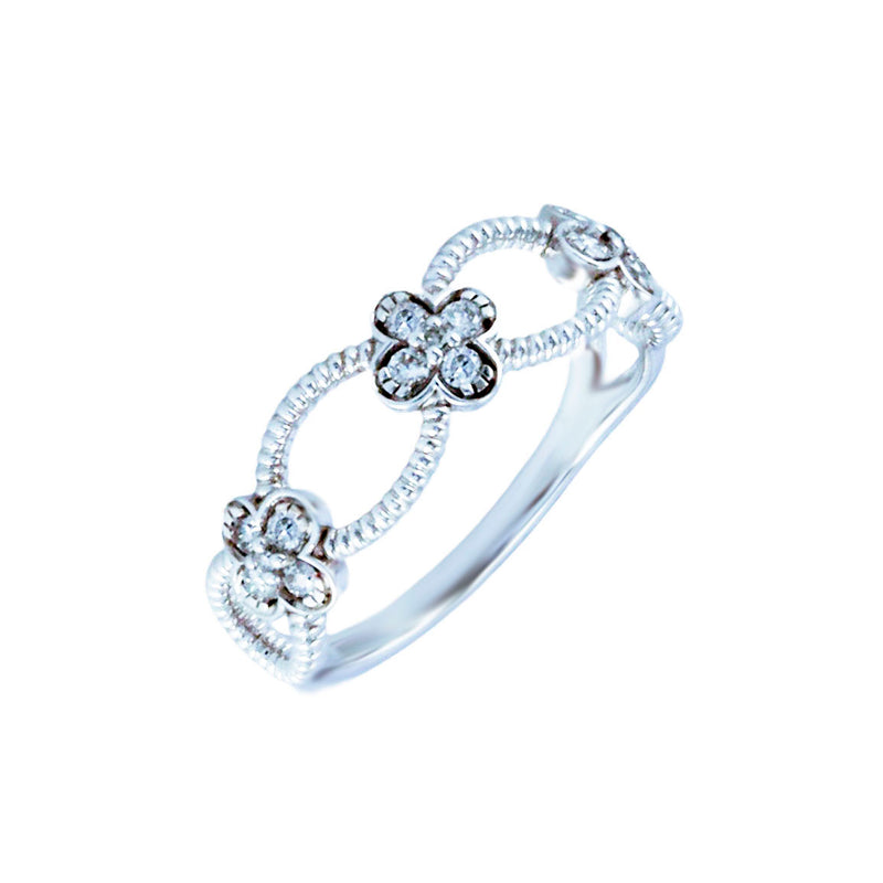 Solid 10K White Gold Fancy 4 Leaf Clover Rope Diamond Ring TN10884