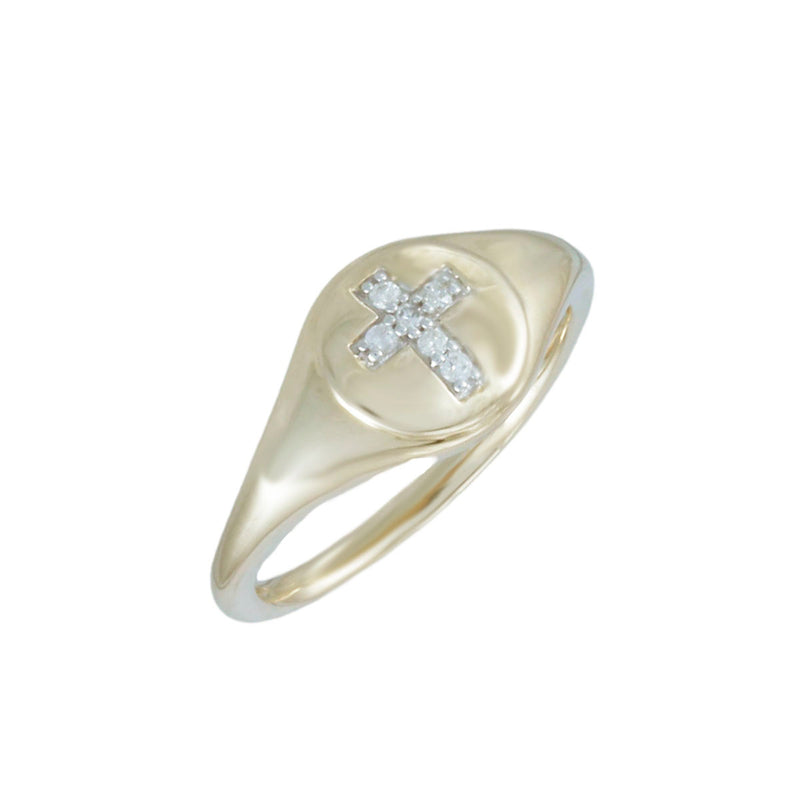 Solid 10K Yellow Gold Signet Style Diamond Cross Ring TN10885
